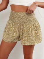 Women'S High-Waisted Floral Print Shorts - Black & White Ditsy Pattern, Ruffled Hem, Stretchy & Comfortable Summer Fashion, Hand Wash Only, High Waisted Shorts - Image 4