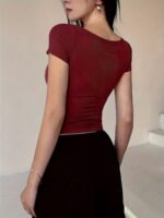 Solid Color Scoop Neck T-Shirt, Elegant Short Sleeve Slim Fit Top For Spring & Summer, Women'S Clothing - Image 6