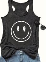 Smile Print Crew Neck Tank Top, Casual Sleeveless Tank Top For Summer, Women'S Clothing - Image 4
