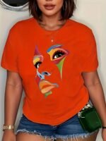 Facial Graphic Sports T-Shirt, Round Neck Short Sleeves Workout Top, Women'S Activewear - Image 4