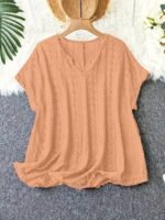 Plus Size - Women'S Elegant V-Neck Bat Sleeve T-Shirt - Slim Fit, Short Sleeve, Black Top With Ruffled Hem, Perfect For Casual Or Chic Outfits, Versatile Clothing | Ruffled Hem Top | Construction, Ladies T Shirts - Image 2