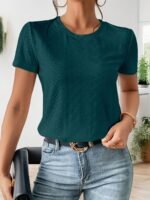 Eyelet Crew Neck T-Shirt, Casual Short Sleeve Top For Spring & Summer, Women'S Clothing - Image 8