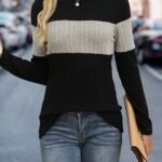 Women'S Elegant Color Block Crew Neck Top, 95% Polyester 5% Elastane Knit Fabric, Regular Length, Solid Pattern, Fall/Winter Fashion, 160G/M? Weight