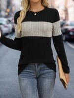 Women'S Elegant Color Block Crew Neck Top, 95% Polyester 5% Elastane Knit Fabric, Regular Length, Solid Pattern, Fall/Winter Fashion, 160G/M? Weight