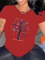 Butterfly Tree Print Crew Neck T-Shirt, Casual Short Sleeve T-Shirt For Spring & Summer, Women'S Clothing - Image 5