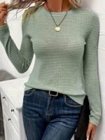 Women'S Elegant Semi-Sheer Pullover Sweater - Soft Round Neck Long Sleeve Top, Medium Stretch Spring/Fall Casual & Formal Wear, Solid Color Versatile Wardrobe Staple, Sweater, Spring Fall Attire, Minimalistic Design, Textured Fabric - Image 5