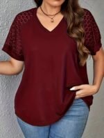 Women'S Plus Size Elegant V-Neck T-Shirt With Contrast Lace Detail, Short Sleeve Casual Top For Spring/Summer, Polyester Knit Fabric, 180Gsm - Purple With Black Text "Handmade" - Image 3