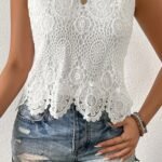 Women'S Sexy Sleeveless Lace Trim Tank Top - Solid Color White Guipure Lace Detailing, Round Neck Casual Chic Versatile Top For Spring/Autumn, Machine Washable, Lace Tank Top, Spring Autumn Apparel, Elegant Lingerie, Elegant Fabric