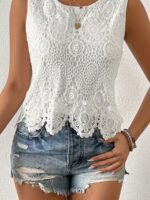 Women'S Sexy Sleeveless Lace Trim Tank Top - Solid Color White Guipure Lace Detailing, Round Neck Casual Chic Versatile Top For Spring/Autumn, Machine Washable, Lace Tank Top, Spring Autumn Apparel, Elegant Lingerie, Elegant Fabric