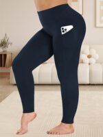 Women'S Plus Size High Waist Tummy Control Leggings With Side Pockets, 88% Polyester 12% Elastane, Knit Fabric, Stretchy Cropped Yoga Pants For Running & Fitness, All Season Solid Color Athletic Skinny Pants - Image 10