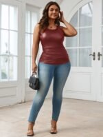 Plus Size Casual Sleeveless Tank Top - Deep U-Neck Backless Design, Stretchy 100% Polyester, Machine Washable, Solid Black For Casual Attire & All-Season Comfort - Image 7