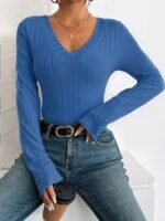 Women'S Chic Ribbed V-Neck Slim Fit Top - Elegant Long Sleeve, Solid Black, Perfect For Fall/Winter Fashion, Stylish Layering Piece - Image 3