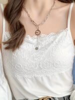 1Pc Elegant Women'S Lace Camisole Tank Top, Summer Sleeveless Slim Fit Inner Layer, Solid Color Knit Nylon Fabric, Adult Ladies' Cami With Lace Detail - Image 3