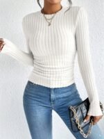 Women'S Elegant Ribbed Pullover Sweater - Solid Color Round Neck Long Sleeve, Medium Stretch Machine Washable Fall Winter Tops For Casual & Formal Wear, Sweater, Everyday Comfort Wear, Textured Fabric - Image 9