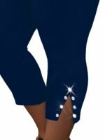 Plus Size, Plus Size High-Waisted Stretchy Rhinestone-Embellished Side Slit Capri Pants - Solid Black Casual Outdoor Leggings For Women, Spring/Summer Fashion, High Waist Pants, Spring Summer Apparel, Nontransparent Fabric, Spring Fashion, Breathable Material, Summer Wardrobe - Image 3