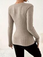 V Neck Slim Ribbed T-Shirt, Elegant Solid Long Sleeve Top For Spring & Fall, Women'S Clothing - Image 8