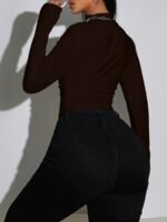Side Ruched Asymmetrical Hem T-Shirt, Sexy Mock Neck Slim-Fit Long Sleeve Top For Spring & Fall, Women'S Clothing - Image 9