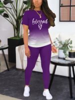 Stylish European And American Short-Sleeve Long-Pants Round-Neck Gradient Color Letter Print High-Elasticity Women'S Set - Image 7