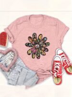 Women'S Casual Short Sleeve T-Shirt - Vibrant Orange Geometric Floral Print, Relaxed Fit Round Neck, Machine Washable Summer Top, Soft Texture Shirt - Image 7