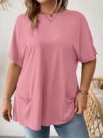 Plus Size Women'S Casual Short Sleeve T-Shirt - Vibrant Purple Solid Color With Side Pockets, Relaxed Fit Round Neck, Medium Stretch Machine Washable Fabric For Spring/Summer Casual Attire, Ladies T Shirts, Versatile Clothing, Mediumstretch Material - Image 3
