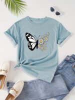 Women'S Casual Butterfly & Daisy Floral Print Round Neck T-Shirt - Olive Green, Machine Washable, Regular Fit For Casual Attire, Allseason Fashion, Relaxed Style, Nontransparent Fabric - Image 3