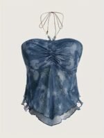 Women'S Bohemian Tie-Dye Mermaid Halter Top With Floral Print & Ruched Bust Detail - Stretchy Machine-Washable Shoulder/One-Shoulder Blouse For Beach Parties & Casual Outings, Mermaid Gifts, Allseason Clothing, Decorative Beading - Image 2