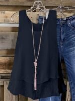 Women'S Plus Size Sleeveless Elegant Top - Lightweight Breathable Blue Round Neck Vest, Machine Washable Spring Summer Casual Wear, Elegant Special Line Collection, Sophisticated Design, Textured Fabric - Image 4