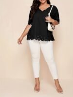 Plus Size Elegant V-Neck Blouse With Short Puff Sleeves - Navy Blue, Lace Embroidery Detail, Non-Stretch Fabric, All-Season Shirt For Women, Casual Attire|Vneck Blouse|Lace Embroidery - Image 9