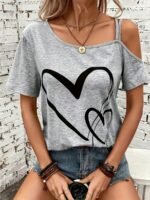 Heart Print Slant Shoulder T-Shirt, Casual Short Sleeve Top For Spring & Summer, Women'S Clothing - Image 5