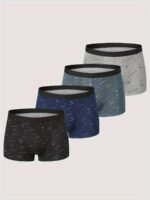 4Pcs Men'S Fashion Print Boxer Briefs Underwear Set Crotch Breathable Stretch Mid Waist Shorts Briefs Underwear