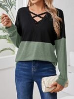 Plus Size, Women'S Casual Long Sleeve T-Shirt - Color-Blocked V-Neck Cross-Strap Design, Black & Olive Green, Machine Washable, Spring Summer Fall Essential, Everyday Outfit, Stylish Pullover, Comfortable Fit, Pullover Top, Casual Attire - Image 10