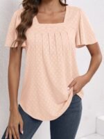 Plus Size Women'S Square Neck Ruffle Sleeve Top - Breathable Eyelet Cut-Out Fabric, Unique Chest Pleat Design, Elegant Fashion For Spring Summer Fall, Formal & Casual Wear, Casual Wear Top | Pleated Detail Top | Stretchy Fabric Top, Ladies T Shirts - Image 6