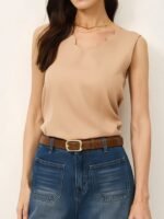Women'S Casual Summer Sleeveless Top - Solid Beige V-Neck, Ribbed Detail, Casual Summer Top|Vneck Top|Casual Style