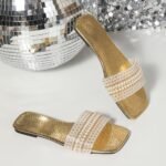 Elegant Women'S Summer Flat Slide Sandals - Chic Square Toe With Pearl & Rhinestone Embellishments, Casual Slip-On Design, Faux Cover Upper & Rubber Sole, Ladies Sandals - Image 9