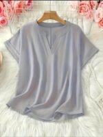 Elegant Plus Size Women'S V-Neck Short Sleeve Blouse - Light Gray, Casual & Stylish For Spring/Summer, Relaxed Fit With Half-Sleeve Design, Casual Wear | Relaxed Fit Top | Stylish Necklin - Image 8