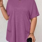 Plus Size Women'S Casual Short Sleeve T-Shirt - Vibrant Purple Solid Color With Side Pockets, Relaxed Fit Round Neck, Medium Stretch Machine Washable Fabric For Spring/Summer Casual Attire, Ladies T Shirts, Versatile Clothing, Mediumstretch Material