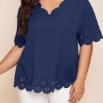 Plus Size Elegant V-Neck Blouse With Short Puff Sleeves - Navy Blue, Lace Embroidery Detail, Non-Stretch Fabric, All-Season Shirt For Women, Casual Attire|Vneck Blouse|Lace Embroidery