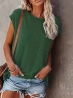 Regular Women'S Summer New Solid Color Pocket Round Neck Short Sleeve T-Shirt - Image 4