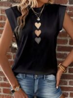 Heart Print Crew Neck T-Shirt, Casual Cap Sleeve Top For Spring & Summer, Women'S Clothing - Image 3