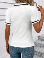 Women'S Elegant Black Shirt With White Collar & Cuff Detail - Short Sleeve, Zippered, Stretchy Polyester-Spandex Blend, Machine Washable, Perfect For Casual Or Professional Outfits - Image 10
