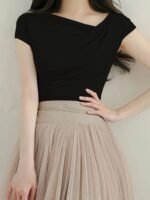 Women'S Elegant Asymmetrical Neckline Ruched Slim Fit Short Sleeve T-Shirt - Solid Color, Medium Stretch, Spring/Summer Casual & Formal Wear, Ladies T Shirts, Summer Outfit, Chic Style, Stretchy Fabric, Fitted Shirt, Summer Wardrobe - Image 9