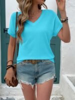 Women'S Elegant V-Neck Short Sleeve T-Shirt - Soft Stretch Fabric, Machine Washable, Solid Color, Spring/Summer Casual & Formal Wear, Versatile Wardrobe Staple, Spring Fashion Top | Sleek Fitted Tee | Comfortable Fit, Ladies T Shirts - Image 3