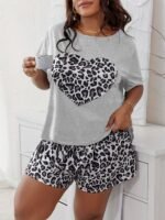 Women'S Plus Size Pajama Set, Cute Cartoon Heart & Leopard Print, Polyester 95% Elastane 5%, Knit Fabric, Slight Stretch, Crew Neck, All Season Sleepwear, 140Gsm - Grey - Image 8