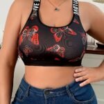 Plus Size Women'S Bra - No Underwire, Breathable Mesh With Vibrant Butterfly Print, Adjustable Straps, Medium Stretch, Ideal For Casual Attire, Comfortable Undergarment | Vibrant Print Top | Breathable Fabric