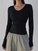 Women'S Slim-Fit Ribbed Long Sleeve Top - Solid Black Round Neck Stretch Shirt, All-Season Machine Washable Elegant Casual & Formal Wear, Versatile Clothing, Sophisticated Style, Durable Clothing, Stretchy Fabric, Everyday Outfit, Slim Fit, Comfortable Fit, Fitted Blouse, Office Women - Image 3