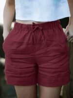 Women'S High-Waisted Blend Casual Shorts, Solid Color, Non-Stretch Fabric, Spring Summer Autumn, Wide Waistband And Slant Pocket, Linen Texture - Image 2