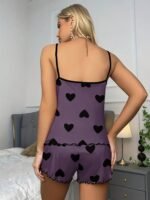 Women'S Blue & Black Heart Print Spaghetti Strap Pajama Set - Casual Polyester-Elastane Blend, Lightweight 145G/M?, Perfect For All Seasons, Adult Sleepwear | Heart Pattern Top | Elastane Comfort Fit - Image 3