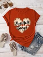 Women'S "Beautifully Broken" Heart Print Casual T-Shirt - Vibrant Orange Short Sleeve Round Neck Summer Top, Machine Washable & Affordable, Ladies T Shirts, Everyday Fashion, Relaxed Fit Tee, Allseason Wear - Image 4