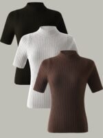 Women'S Elegant Rib-Knit T-Shirt, Polyester 100% Skinny Fit Half Sleeve Tops, Solid Crew Neck Knit Pullovers, All-Season Stretchy T-Shirt With Pleated Hem, 350G/M? Fabric Weight - Image 10