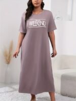 Women'S Plus Casual Lounge Dress, Plus Size Slogan Print Short Sleeve Round Neck Sleep Dress - Image 8